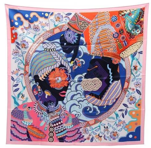 カラフルな人物と模様が描かれたスクエア型のシルクスカーフ
