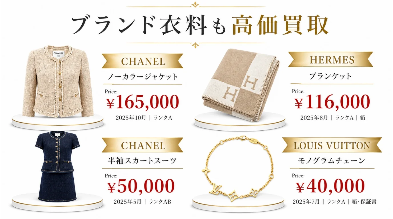 BRAND OFF 文京白山店 - ブランド衣料買取事例。シャネル ノーカラージャケット¥165,000（2025年10月・ランクA）、エルメス ブランケット¥116,000（2025年8月・ランクA・箱）、シャネル 半袖スカートスーツ¥50,000、ルイ・ヴィトン モノグラムチェーン¥40,000