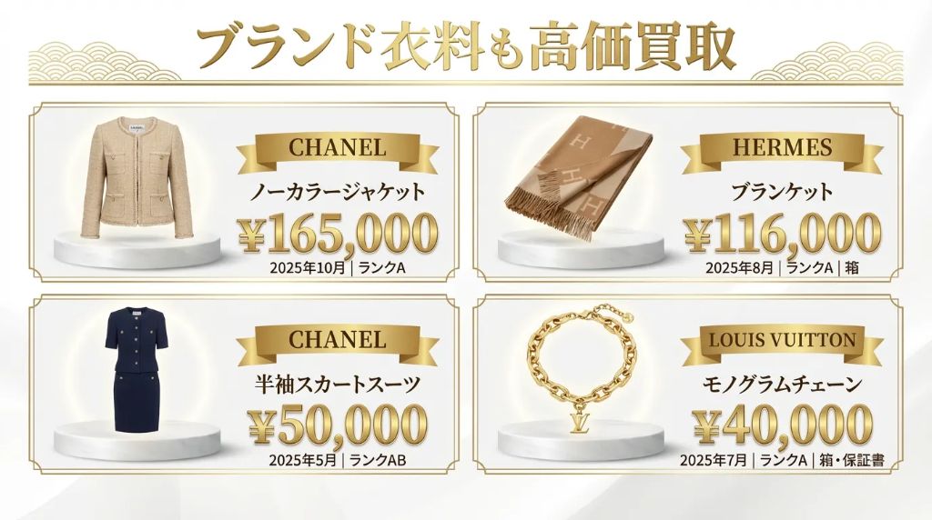 BRAND OFF 文京白山店 - ブランド衣料買取事例。シャネル ノーカラージャケット¥165,000（2025年10月・ランクA）、エルメス ブランケット¥116,000（2025年8月・ランクA・箱）、シャネル 半袖スカートスーツ¥50,000、ルイ・ヴィトン モノグラムチェーン¥40,000