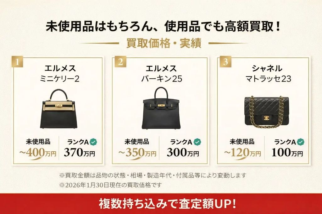BRAND OFF 文京白山店 - ブランドバッグ買取実績。エルメス ミニケリー2 ランクA¥370万円、エルメス バーキン25 ランクA¥300万円、シャネル マトラッセ23 ランクA¥100万円。2026年1月30日現在の買取価格