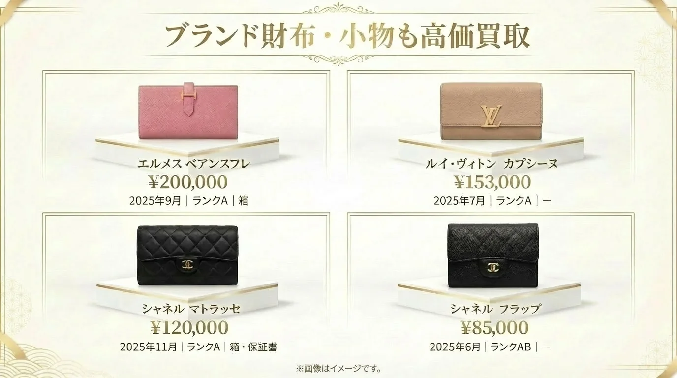 BRAND OFF ラ・ポルト青山店 - ブランド財布・小物買取実績。エルメス ベアンスフレ¥200,000（2025年9月・ランクA・箱）、ルイ・ヴィトン カプシーヌ¥153,000（2025年7月・ランクA）、シャネル マトラッセ¥120,000（2025年11月・ランクA・箱・保証書）、シャネル フラップ¥85,000（2025年6月・ランクAB）