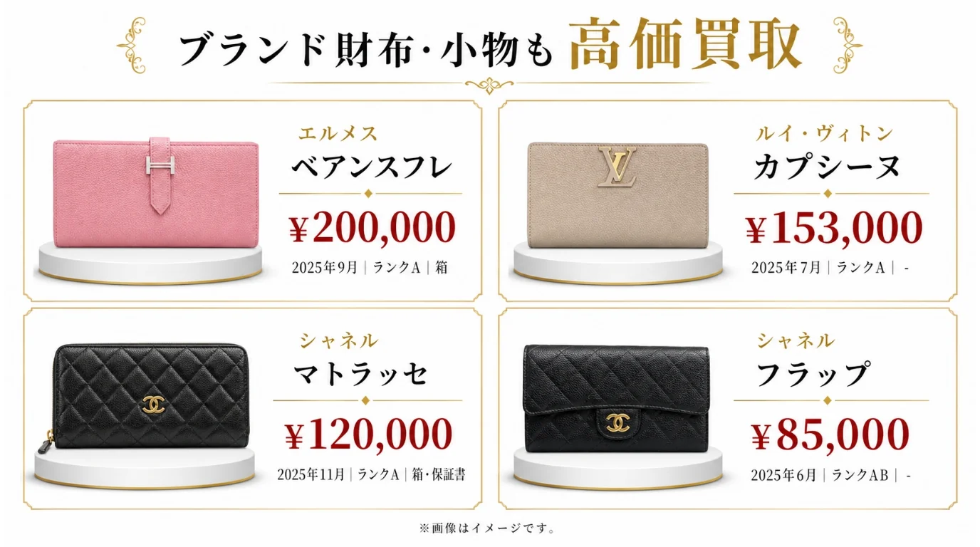 BRAND OFF 文京白山店 - ブランド財布・小物買取実績。エルメス ベアンスフレ¥200,000（2025年9月・ランクA・箱）、ルイ・ヴィトン カプシーヌ¥153,000（2025年7月・ランクA）、シャネル マトラッセ¥120,000（2025年11月・ランクA・箱・保証書）、シャネル フラップ¥85,000（2025年6月・ランクAB）