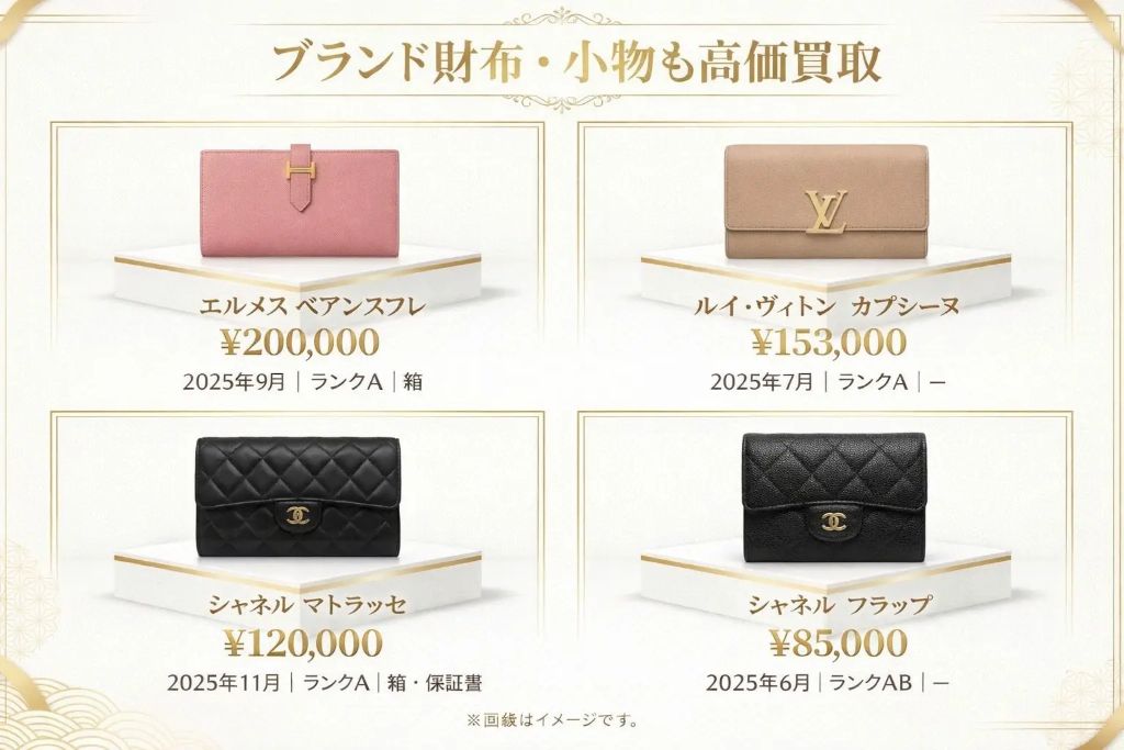 BRAND OFF 文京白山店 - ブランド財布・小物買取実績。エルメス ベアンスフレ¥200,000（2025年9月・ランクA・箱）、ルイ・ヴィトン カプシーヌ¥153,000（2025年7月・ランクA）、シャネル マトラッセ¥120,000（2025年11月・ランクA・箱・保証書）、シャネル フラップ¥85,000（2025年6月・ランクAB）