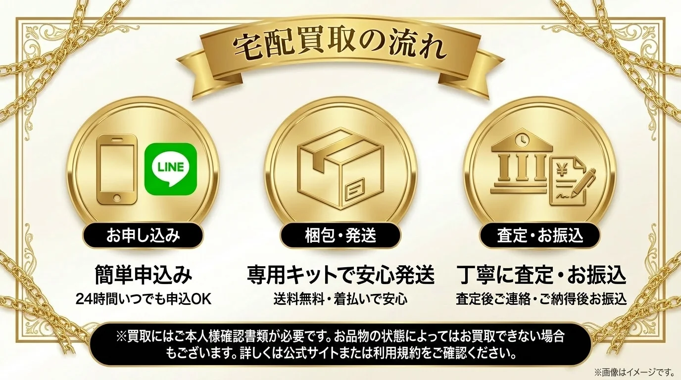 宅配買取の流れ - STEP1 お申し込み（24時間いつでも申込OK）、STEP2 梱包・発送（送料無料・着払いで安心）、STEP3 査定・お振込（査定後ご連絡・ご納得後お振込）※本人確認書類のご提出が必要です