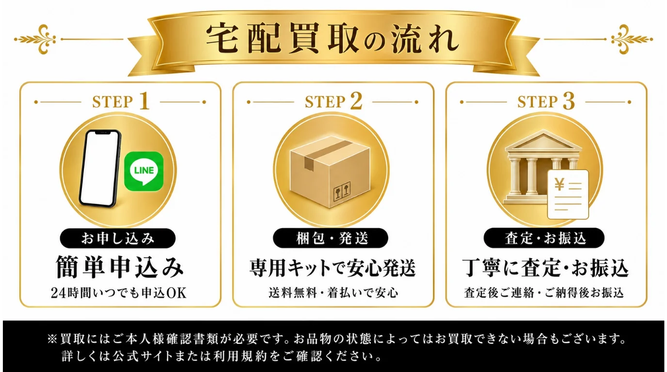 宅配買取の流れ - STEP1 お申し込み（24時間いつでも申込OK）、STEP2 梱包・発送（送料無料・着払いで安心）、STEP3 査定・お振込（査定後ご連絡・ご納得後お振込）※本人確認書類のご提出が必要です