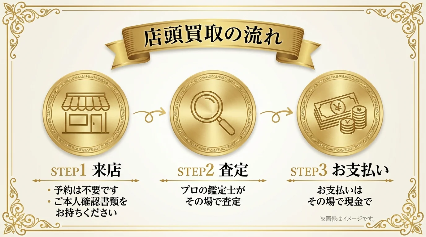 店頭買取の流れ - STEP1来店（予約不要・ご本人確認書類をお持ちください）、STEP2査定（プロの鑑定士がその場で査定）、STEP3お支払い（プライベート個室でその場で現金をお渡し）