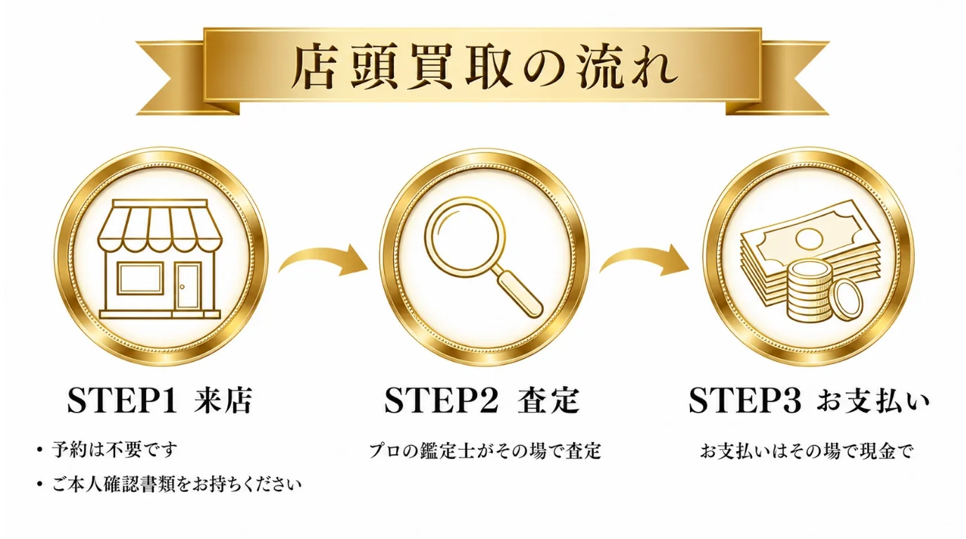 店頭買取の流れ - STEP1来店（予約不要・ご本人確認書類をお持ちください）、STEP2査定（プロの鑑定士がその場で査定）、STEP3お支払い（プライベート個室でその場で現金をお渡し）