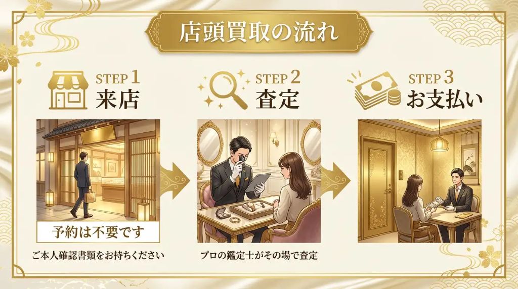 店頭買取の流れ - STEP1来店（予約不要・ご本人確認書類をお持ちください）、STEP2査定（プロの鑑定士がその場で査定）、STEP3お支払い（プライベート個室でその場で現金をお渡し）