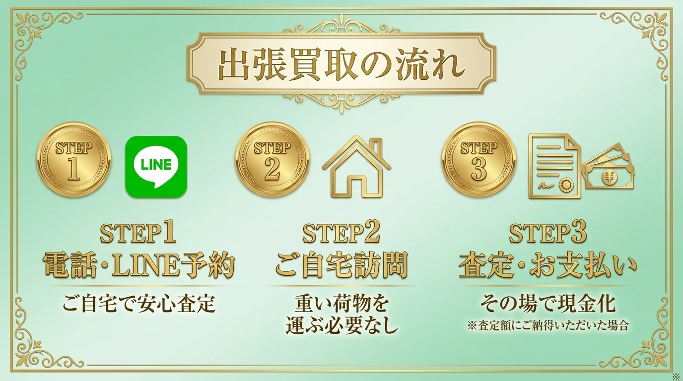 出張買取の流れ - STEP1 LINE予約（ご自宅で安心査定）、STEP2 ご自宅訪問（重い荷物を運ぶ必要なし）、STEP3 査定・お支払い（出張料・査定料無料、その場で現金お支払い）
