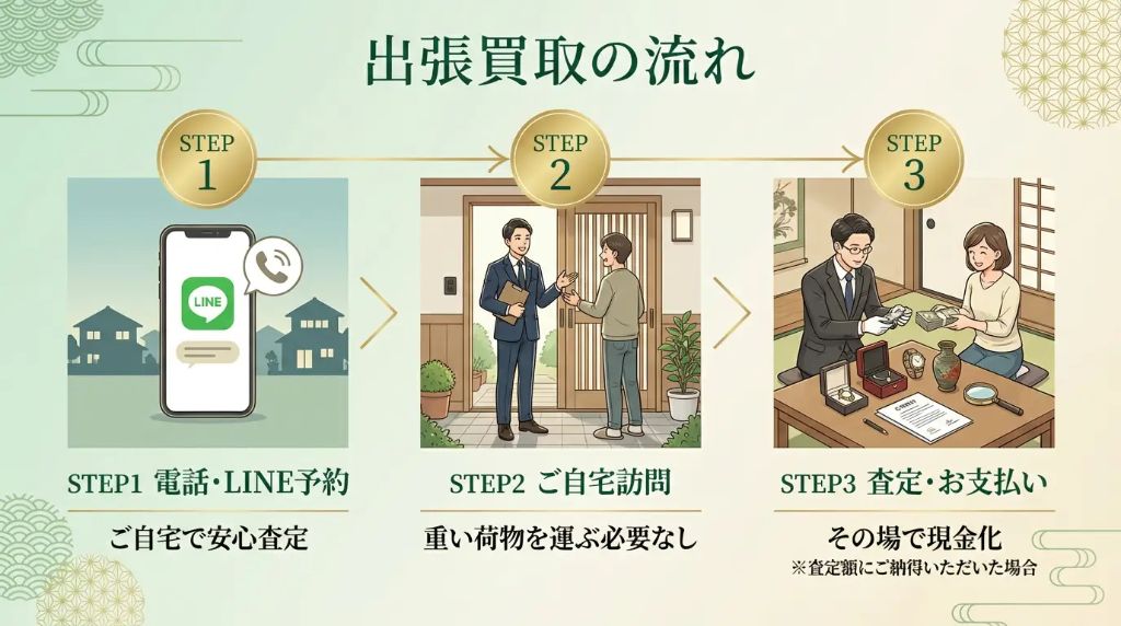 出張買取の流れ - STEP1 LINE予約（ご自宅で安心査定）、STEP2 ご自宅訪問（重い荷物を運ぶ必要なし）、STEP3 査定・お支払い（出張料・査定料無料、その場で現金お支払い）