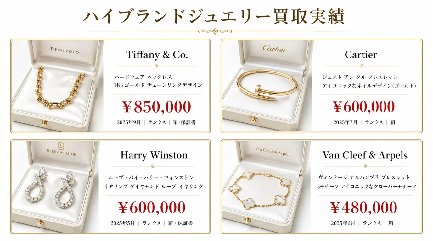BRAND OFF 文京白山店 - ハイブランドジュエリー買取実績。ティファニー ハードウェアネックレス¥850,000、カルティエ ジュストアンクル¥600,000、ハリーウィンストン ループイヤリング¥600,000、ヴァンクリーフ アルハンブラ¥480,000。買取年月・ランク・付属品情報付き