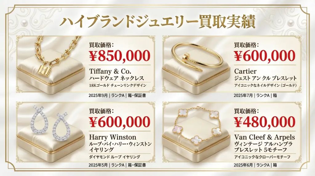 BRAND OFF 文京白山店 - ハイブランドジュエリー買取実績。ティファニー ハードウェアネックレス¥850,000、カルティエ ジュストアンクル¥600,000、ハリーウィンストン ループイヤリング¥600,000、ヴァンクリーフ アルハンブラ¥480,000。買取年月・ランク・付属品情報付き