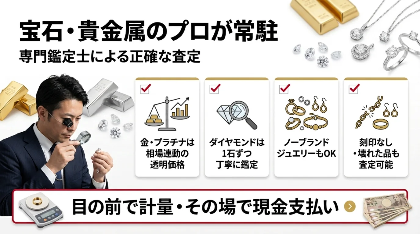宝石・貴金属のプロが常駐 - 目の前で計量・その場で現金支払い
