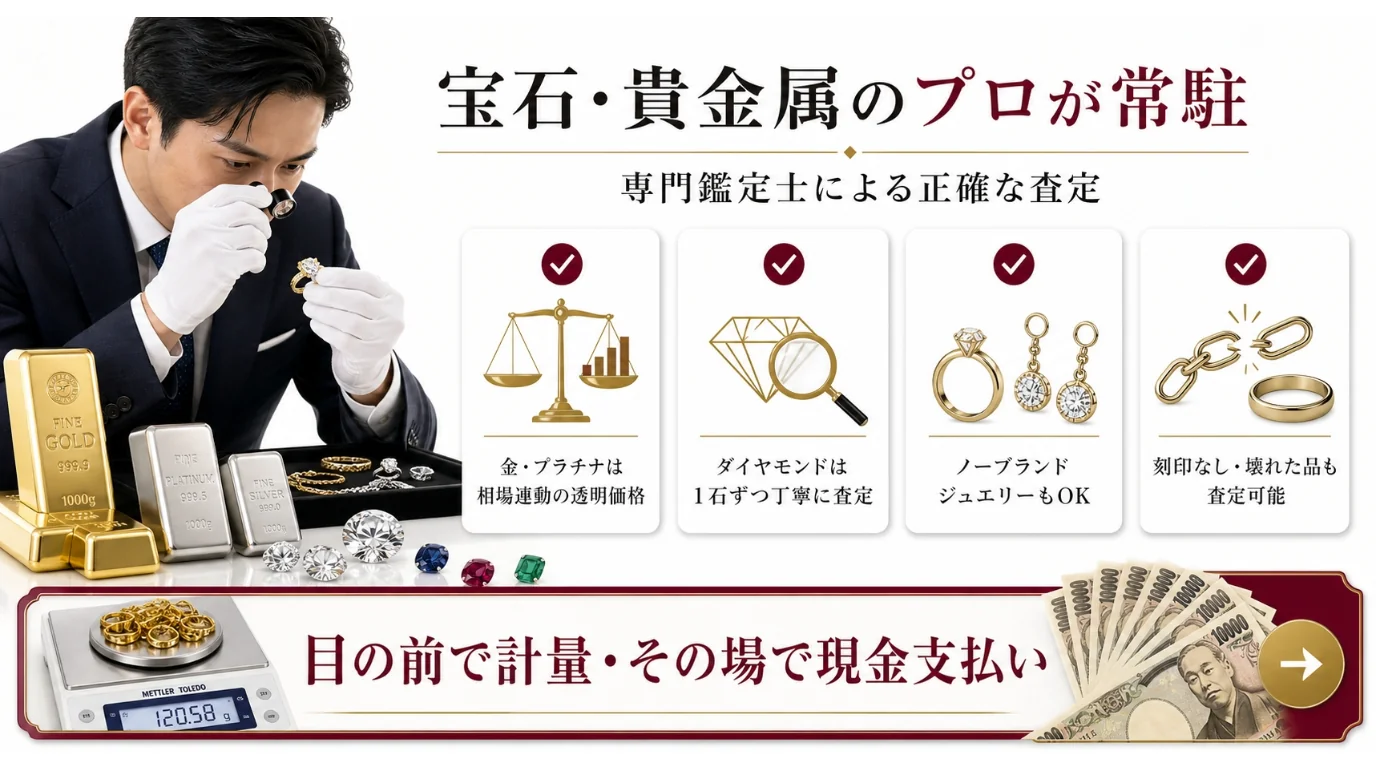宝石・貴金属のプロが常駐 - 目の前で計量・その場で現金支払い