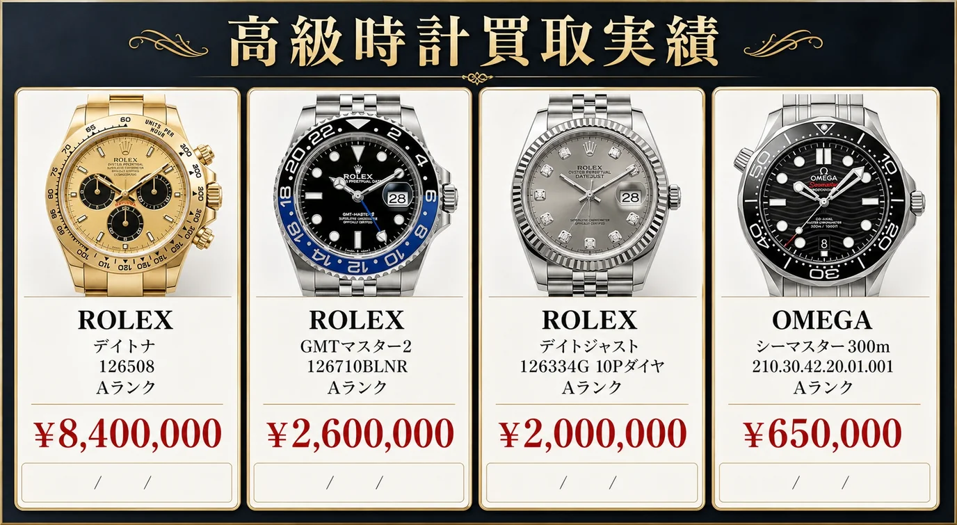 BRAND OFF ラ・ポルト青山店 - 高級時計買取事例。オーデマピゲ ロイヤルオーク¥5,020,000、ロレックス デイトナ¥4,620,000、GMTマスターII¥2,430,000、オメガ シーマスター300¥900,000など。買取月・状態ランク・付属品情報付き