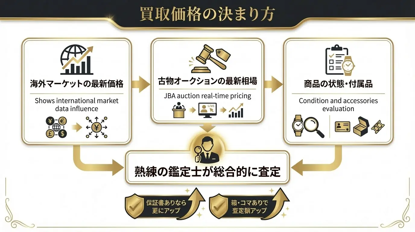 BRAND OFF 文京白山店 - 買取価格の決まり方。海外マーケットの最新価格、古物オークションの最新相場、商品の状態・付属品を熟練の鑑定士が査定。保証書ありなら更にアップ、箱コマありで査定額アップ